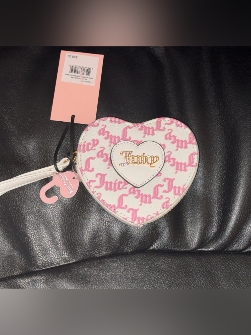 Juicy Couture Pink Logo Heart Wristlet with White Trim